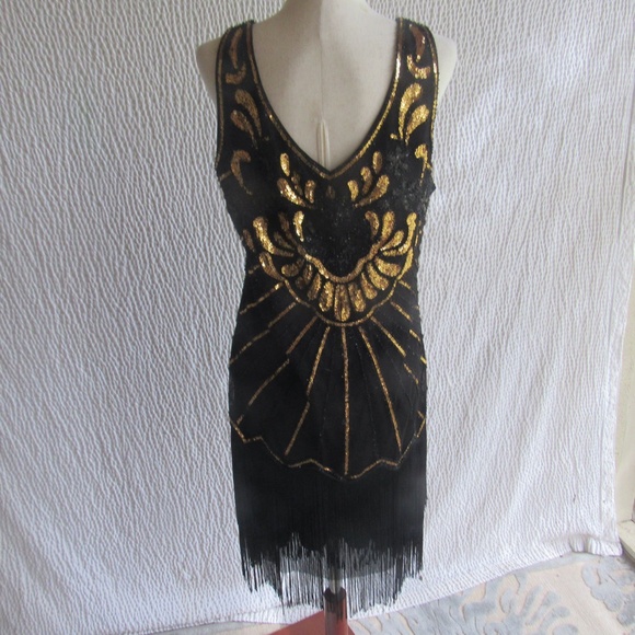 Fun Sequin Costume Dress Gold Black Fabric Custom Not cheap M L - Picture 15 of 15